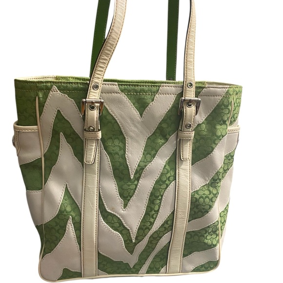 Coach Green & White Zebra Striped Signature Logo Tote - Picture 2 of 15